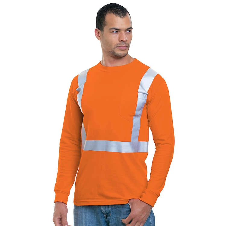 Bayside Hi-Vis 100% 6.1 Oz. Cotton Long Sleeve Pocket Crew Tee Solid Striping 1 Bayside Hi-Vis 100% 6.1 Oz. Cotton Long Sleeve Pocket Crew Tee Solid Striping